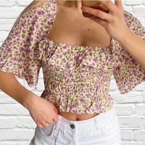 ZARA Floral Print Spring Top, Vibrant Smocked Bora Crop, Puff Sleeve, Large